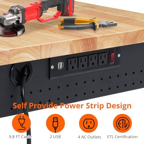 48’’x24’’ Adjustable Workbench,Workbench with Drawers,Darage Workbench with Pegboard,2000 LB Load Capacity,4 Rolling Casters, Power Outlets, Metal Frame,for Garage, Workshop, Home, Office