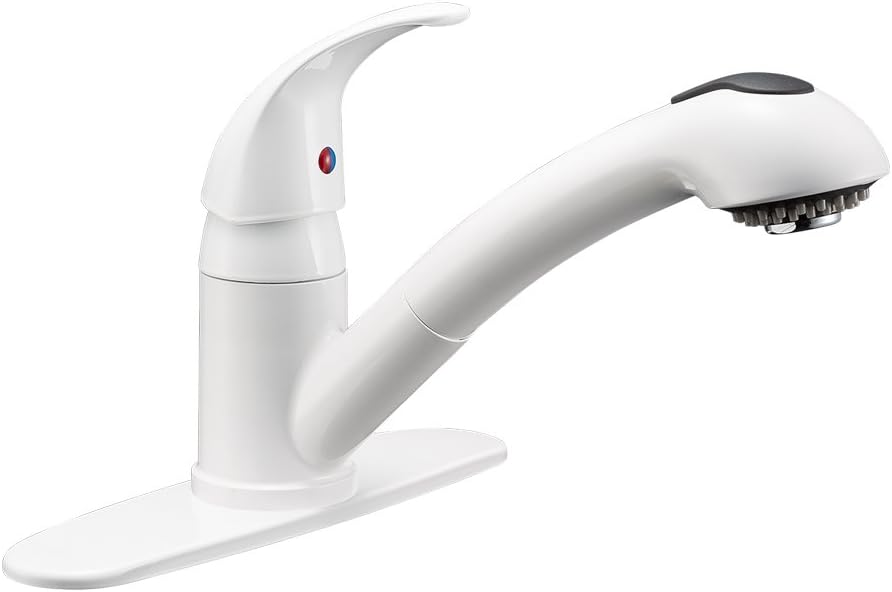 Dura Faucet DF-NMK852-WT RV Pull-Out Swivel Kitchen Sink Faucet (White) | One-hole, single-handle design with smooth lever control for galley cleanup. Easy DIY install with common hand tools.