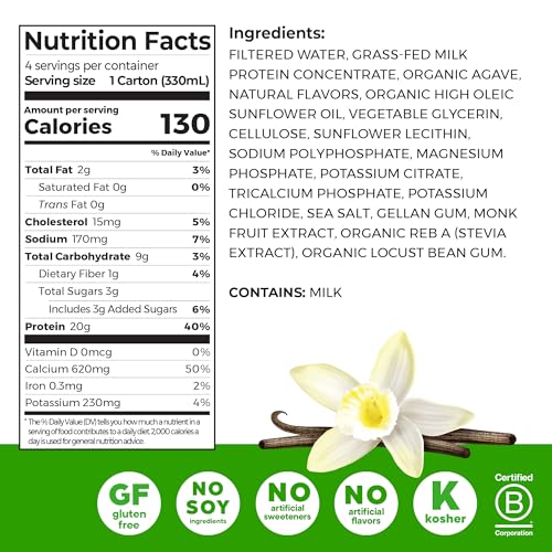 Orgain 20g Clean Grass Fed High Protein Shake, Vanilla, 11 oz, 12pk | Ready to drink dairy grass fed high protein, non-GMO, no soy ingredients, gluten-free, kosher, low net carbs