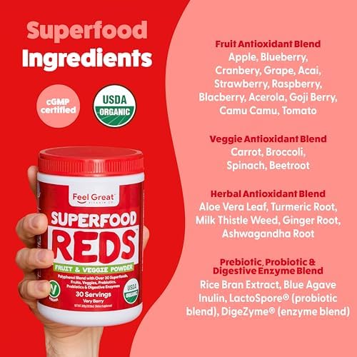 ​Feel Great Organic Superfood Reds Powder Packed with Beet Root Powder | Digestive Support Including Bloating Relief | Fruit and Veggie