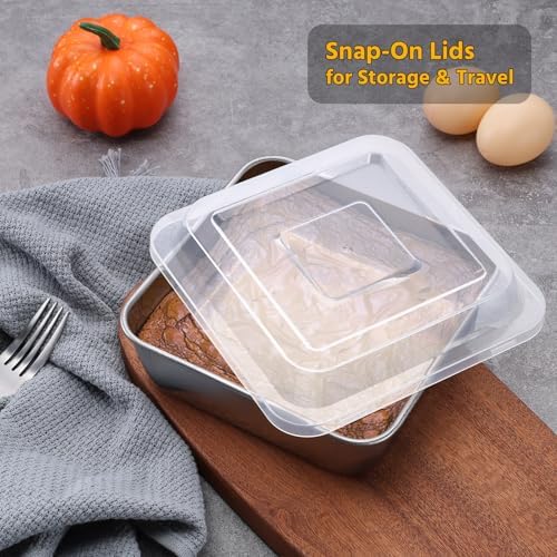 E-far 8 x 8-Inch Baking Pan with lid, Square Cake Brownie Baking Pans Stainless Steel Bakeware Set of 2, Non-toxic & Healthy