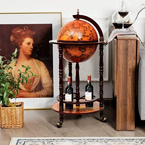 COSTWAY Globe Wine Bar Cabinet, Italian Replica Bar Cart with Wheels and Liquor Bottle Shelf, Solid Wood Wine Bar Stand for Home, Kitchen, Bar