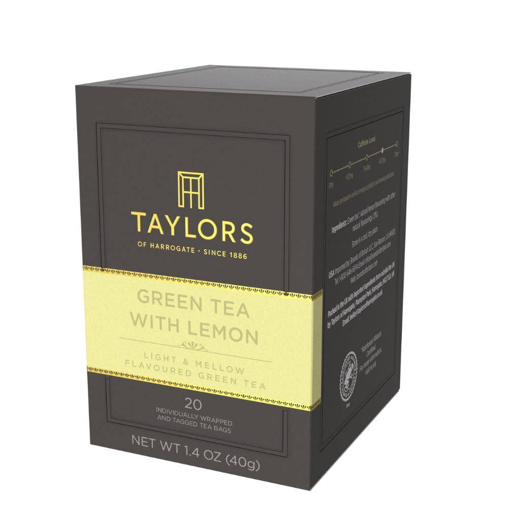 Taylors of Harrogate Green Tea with Lemon, Individually Wrapped Bags, 20 Count (Pack of 1), Citrussy, Mellow and Light, Caffeinated, Enjoy Hot or Iced, 20 Teabags