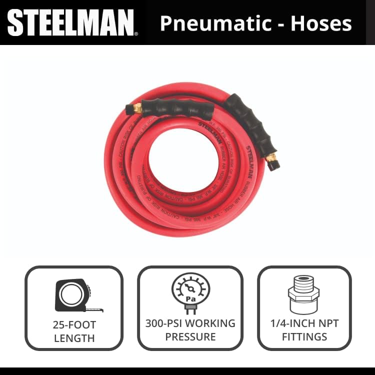 Steelman 50-Foot x 3/8-Inch ID Rubber Air Hose for Pneumatic Tools, 3/8-Inch Male NPT Brass Fittings, 300-PSI Working Pressure