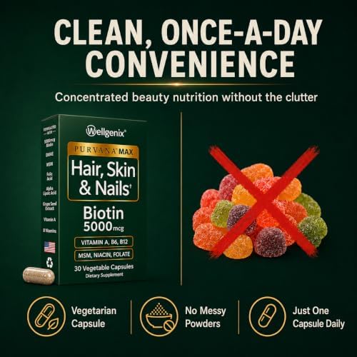 Wellgenix Purvana MAX Hair Skin and Nails Supplement – 5000mcg Biotin with MSM & B-Complex – Support for Thicker Hair, Stronger Nails & Glowing Skin – 30 Veggie Capsules | Biotin, MSM & hyaluronic acid in vegetable capsules for thicker, fuller hair, stro…