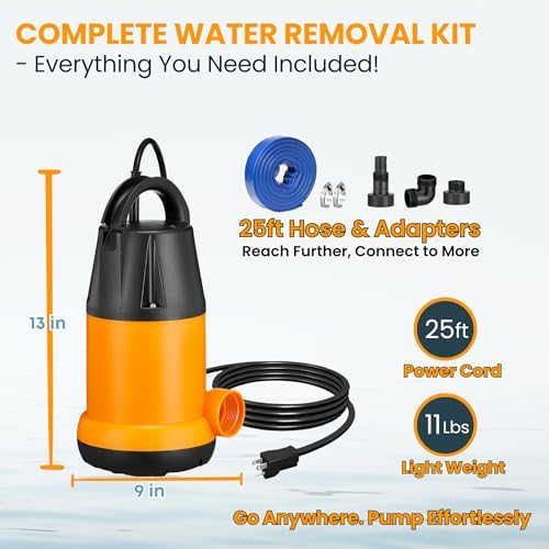 Sump Pump Submersible With 25Ft. Hose, Submersible Pump, 25Ft Cord, 4000GPH | 1.5HP Water Pump Submersible With 25ft. Hose Kit, Utility Pump