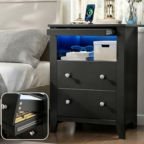 Black Nightstand with Gun Drawer, Night Stand with Charging Station & LED Lights, Bedside Table with Tray & 2 Drawers, End Side Table with Hidden Compartment for Valuables Storage