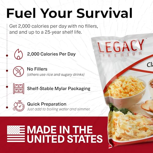 Legacy Food Storage 32 Serving Emergency Food Supply Bucket, 8 Entrees, 12,440 Total Calories, Shelf Stable Lunch & Dinner, Freeze Dried Survival Meals for MRE Camping, Hiking, Prepping