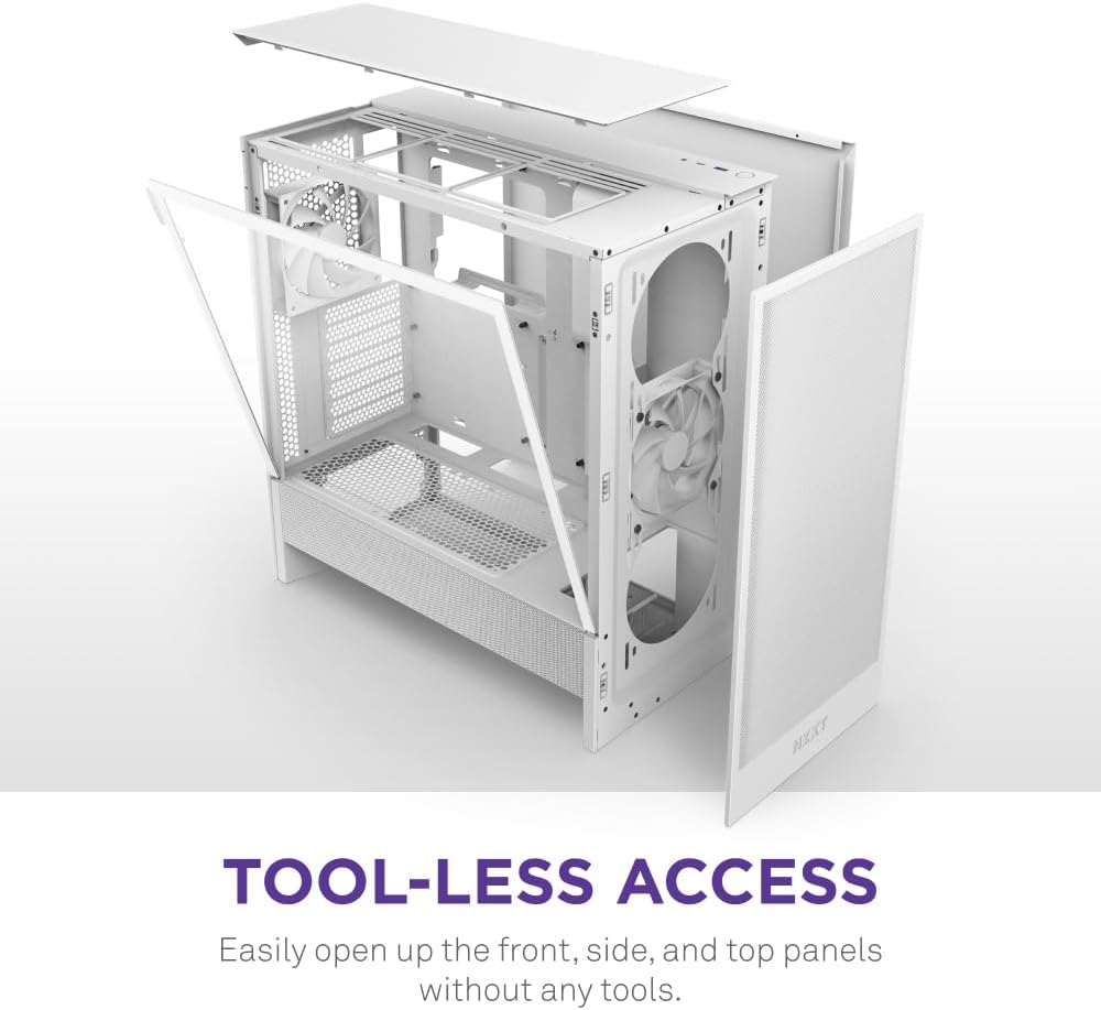 NZXT H5 Flow RGB - Compact ATX Mid-Tower PC Case - White | Compact mid-tower with included F360 RGB Core fans, 360mm radiator support, tempered glass. CAM-ready RGB out of the box.