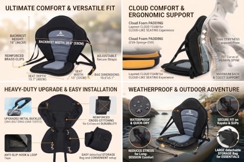 JAYEGT Kayak Seat Padded Deluxe High Back Canoe Seat with Back Support Adjustable Fishing Seat for Universal Sit with Detachable Kayak Backrest