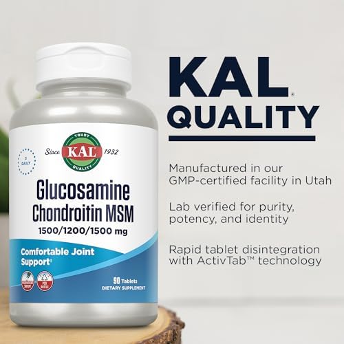 KAL Glucosamine Chondroitin MSM, Joint Support Supplement for Women and Men, 1500mg Glucosamine Sulfate, 1200mg Chondroitin, MSM, Rapid Disintegration, 60-Day Guarantee, 30 Servings, 90 Tablets