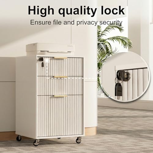 3 Drawers Fluted Mobile File Cabinet with Lock, Rolling File Cabinet Printer Stand Table, Under Desk Wooden Filing Cabinets for Home Office Essentials Storage Organization Furniture Letters/A4(Oak)