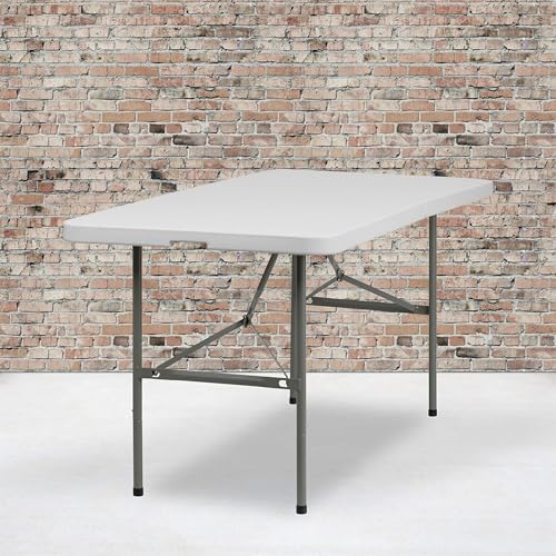 Flash Furniture 5-Foot Bi-Fold Granite White Plastic Folding Table | Lightweight, Easy Storage, Commercial Grade, Carrying Handle