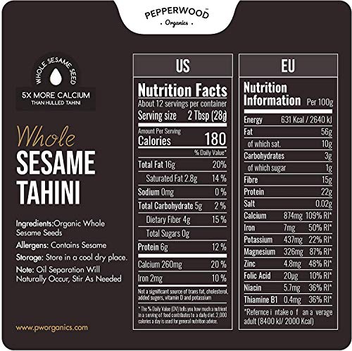 Organic Whole Sesame Tahini Paste - Bulk 6.6lb Bucket - Unhulled & Stone-Ground - Silky Smooth Texture in Hummus, Dips, Dressings - Unsalted, Nut-Free