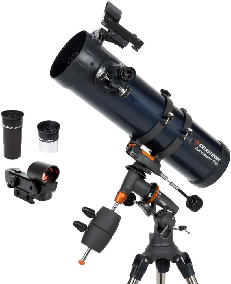 Celestron AstroMaster 130EQ Newtonian Telescope - Fully-Coated Glass Optics - Bonus Astronomy Software & Accessory Kit