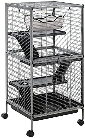 PawHut Metal Small Animal Cage, 4-Tiers Rolling Big Ferret Cage, Gray