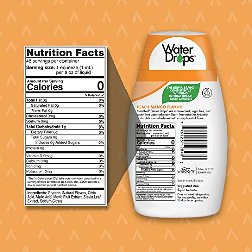 SweetLeaf Water Drops, Peach Mango – Sugar-Free Water Enhancer Drops, Stevia & Monk Fruit Sweetener Water Flavoring, 1.62 Oz (Pack of 6) | Stevia Water Enhancer, Sugar Free, Zero Calorie Additive, Contains Monk Fruit Extract, Gluten Free, Keto Friendly