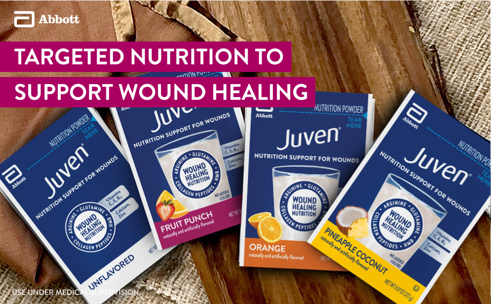 Juven therapeutic nutrition drink powder is targeted nutrition to support wound healing.