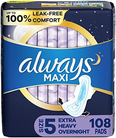 Always Maxi Overnight Pads with Wings for Women, Size 5, Extra Heavy Overnight Absorbency, Unscented, 36 Count