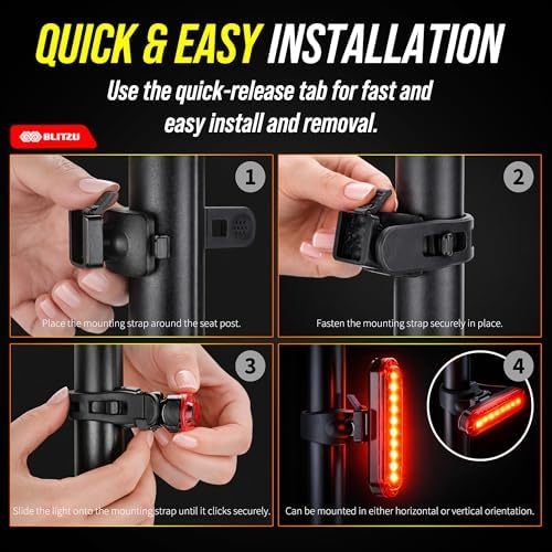 BLITZU Bike Tail Light, 2 Pack USB-C Rechargeable LED Bicycle Rear Lights | 120T, Bright LED, High Visibility Beam, 4 Modes, Easy Installation