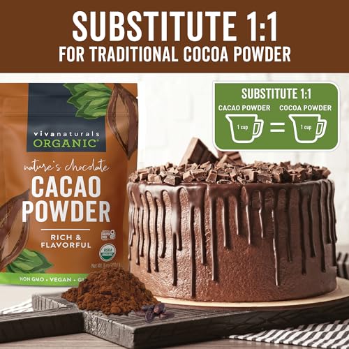 Organic Cacao Powder, Unsweetened, 1 lb (454 g) – Rich Dark Chocolate Flavor, Perfect for Baking, Smoothies & Hot Chocolate – Vegan, Keto, Paleo, Non-GMO & Gluten-Free Cocoa Powder