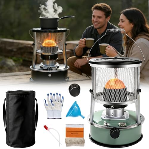 Indoor Heater Non-Electric, 9000 BTU Portable Kerosene Heater for Indoor & Outdoor Use, with Cooking Function, 6 Wicks & Bag, Height Adjustable for Camping, Emergency Heat & Survival (Black)