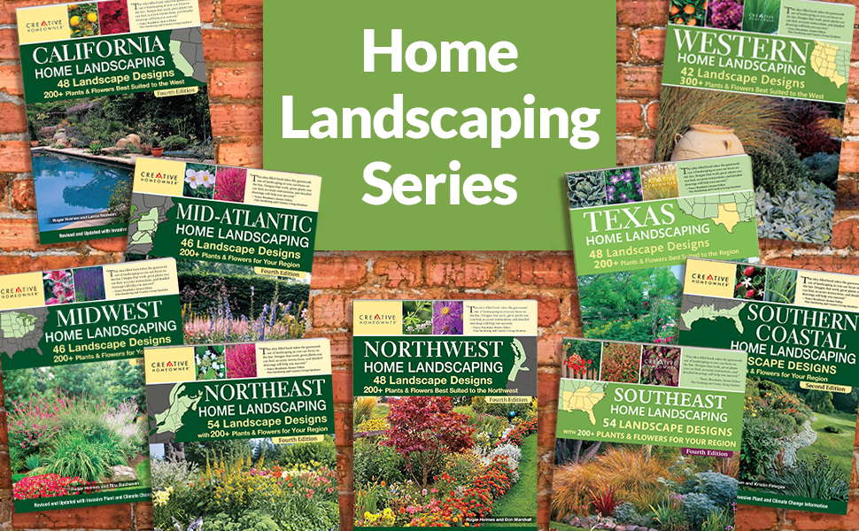 A brick background and covers of the entire Home Landscaping Series, from California to Northwest.