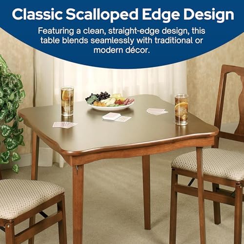 Stakmore Stylish Durable Versatile Square Folding Table, Cherry | Solid Wood Scalloped Edge Compact Traditional Card Table for Home Use