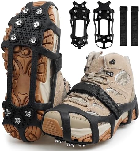 Ice Cleats for Shoes and Boots Crampons Snow Traction Cleats Anti Slip Overshoe 9 Steel Studs Shoe Grippers Slip-on Stretch Footwear for Women Men Kids Winter Hiking Climbing