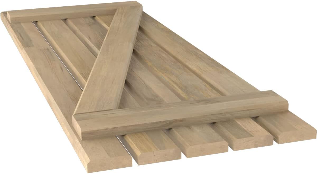 19 1/2"W x 70"H Americraft Five Board (2 Batten) Exterior Real Wood Spaced Board-n-Batten Shutters w/Z-Bar (Per Pair), Unfinished