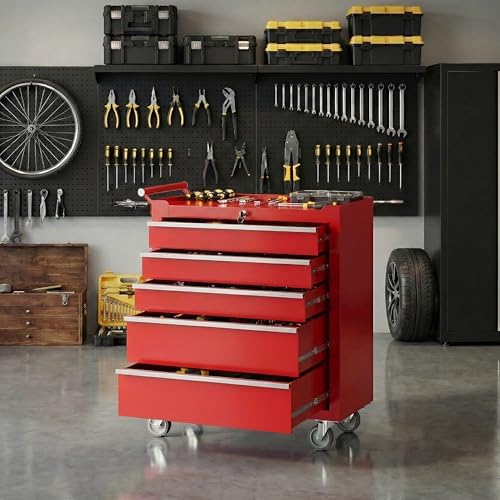 Rolling Tool Chest with Wheels, 5 Drawer Tool Storage Cabinet, Portable Toolbox Organizer with Lock, Heavy Duty Tool Chest Cart for Garage, Mechanic, Workshop, Shop, Mobile Tool Organizer, Black