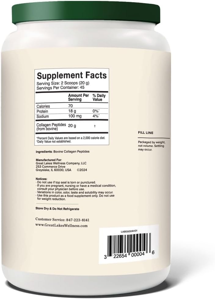 Great Lakes Wellness Collagen Peptides Powder – Supports Skin, Hair, Nails, Joints & Digestion – Hydrolyzed, Non-GMO, Keto & Kosher – Pure Collagen Protein (16 oz, 22 Servings) Packaging may vary