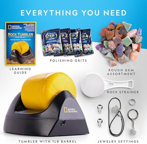 National Geographic Starter Rock Tumbler Kit for Kids and Adults | Leak-Proof Rubber Barrel, 1/2 Lb. Rough Gemstones, 4-Stage Polishing Grit