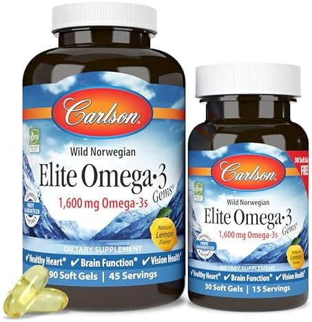 Carlson Elite Omega-3 Gems, 1600 mg, from Norway, Lemon, 90 + 30 Softgels | Omega-3 Fatty Acids Including EPA and DHA; Wild-Caught Fish Oil Supplement; Sustainably Sourced Omega 3 Fish Oil Capsules