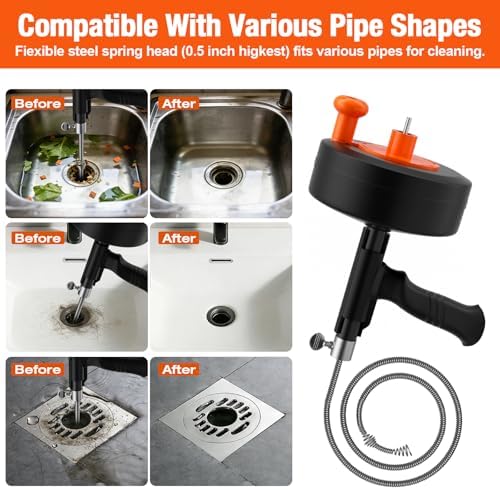 25ft Drain Auger Heavy Duty, Professional Plumbing Snake with Drill Adapter, Manual & Powered Clog Remover for Kitchen, Bathroom, Shower Sink & Bathtub, Flexible Pipe Snake Cleaner with Gloves