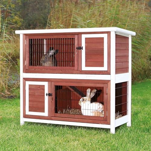Trixie 2-Story Rabbit Hutch with Retreat Area, Non-Slip Ramp, Hinged Roof with Locking Arm, 4 Doors, 2 Metal Slide Latches, and Pull-Out Trays for Easy Cleaning