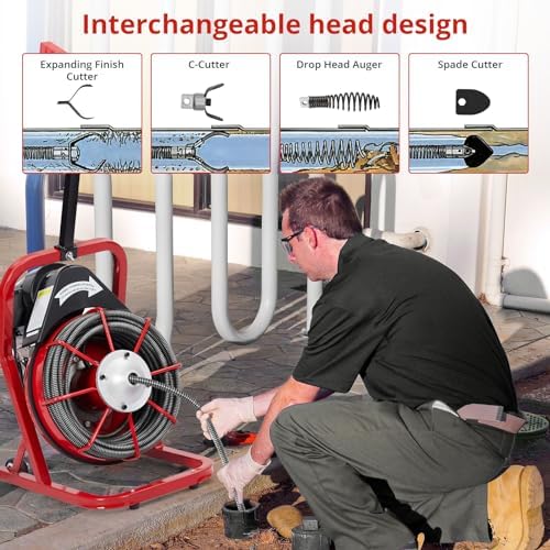 GarveeLife 75 ft 3/8 in Electric Drain Cleaner Machine Auto Feed Drain Auger for 1 to 4 in Pipes Professional Sewer Snake with 4 Cutters Gloves