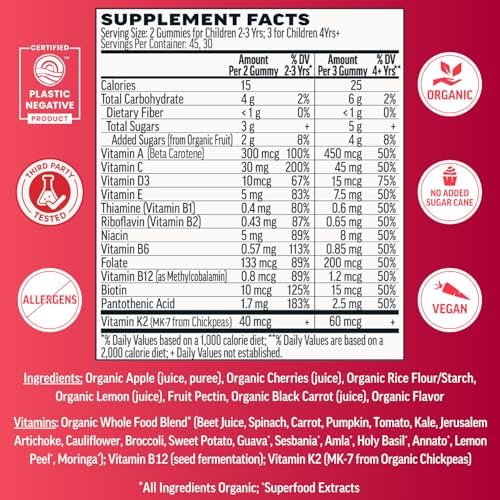 Llama Naturals Kids Multivitamin Gummies | Real Fruit, No Added Sugar Cane | Organic Vegan Toddler Whole Food Vitamins | Vitamin D, C & Beta Carotene Gummy Supplement | Cherry 90 Ct (1-2 Months)