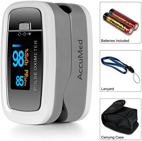 AccuMed CMS-50D1 Fingertip Pulse Oximeter Blood Oxygen Sensor SpO2 for Sports and Aviation. Portable and Lightweight with LED Display, 2 AAA Batteries
