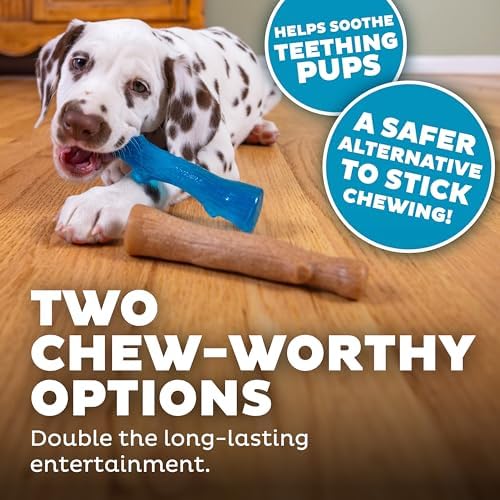 Outward Hound Puppy 2-Pack Dog Chew Toys – Real-Wood Blend Dogwood & Chewy TPE, Moderate Chewers, Small, 5.3"