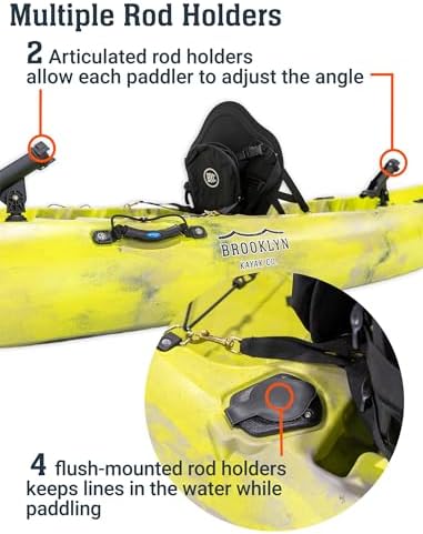 BKC Brooklyn 12.5 Tandem Fishing Kayak, 2 to 3 Person Sit-on-Top | 600 lb capacity, 2 padded seats, 2 paddles, 6 rod holders, motor-ready mount, for lakes, rivers and coastal water