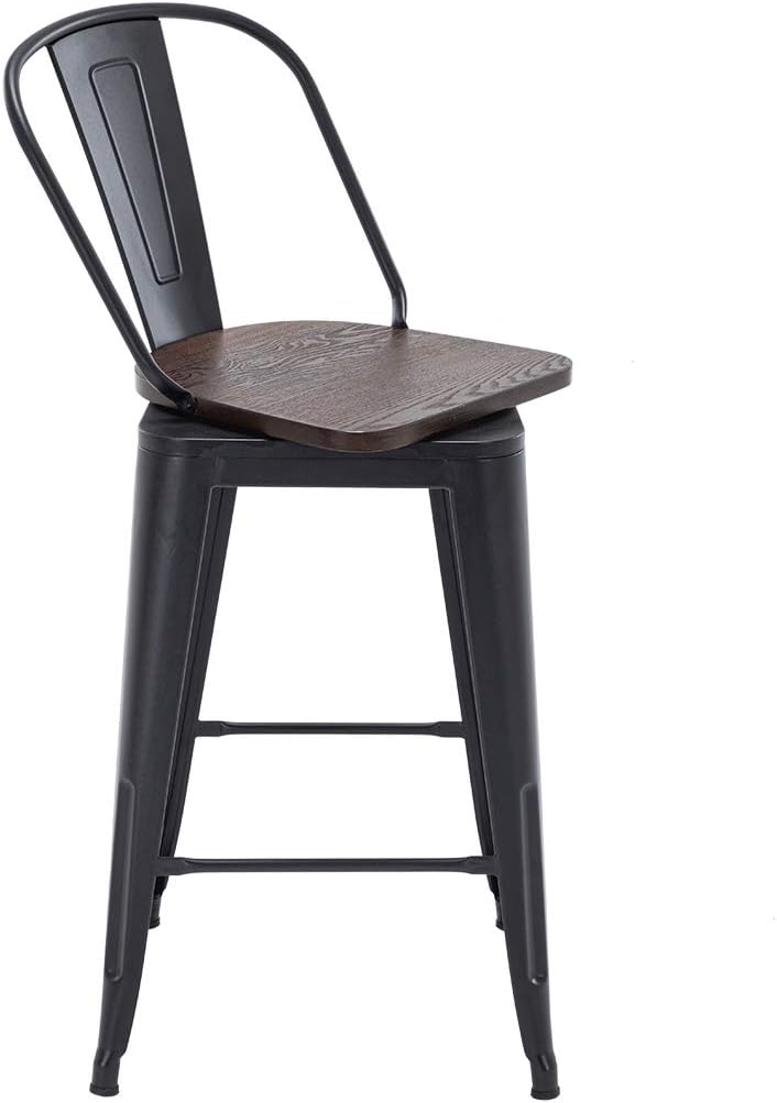 Alunaune 24" Swivel Metal Bar Stools Set of 4 High Back Counter Height Barstools Industrial Dining Bar Chairs with Large Wooden Seat-Matte Black