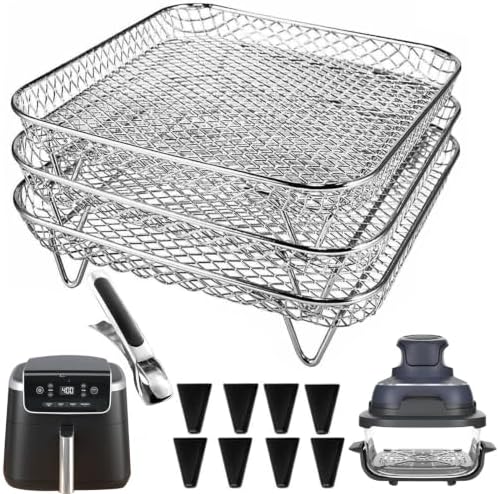 7 Inch Air Fryer Rack Compatible with Ninja Crispi/Ninja Pro 5QT/ Cosori 5QT/ Chefman 5-6QT/ Instant Pot 4Qt Vortex Air fryer &More, 3pcs Stackable Stainless Steel Air fryer Basket with 8 Silicon Feet