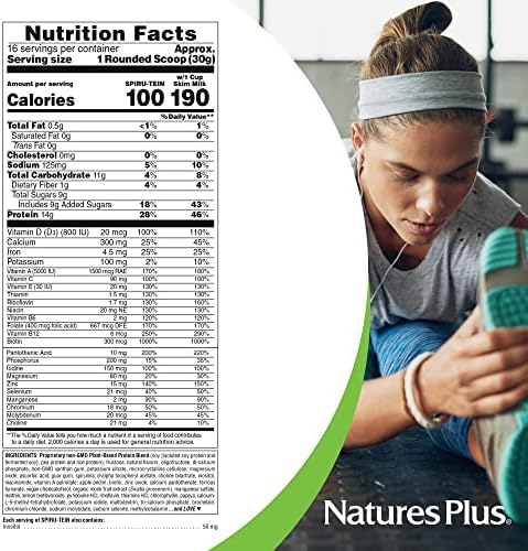NaturesPlus SPIRU-TEIN, Vanilla - 1.06 lbs - Spirulina Protein Powder - Vitamins & Minerals for Energy - Vegetarian, Gluten Free - 16 Servings