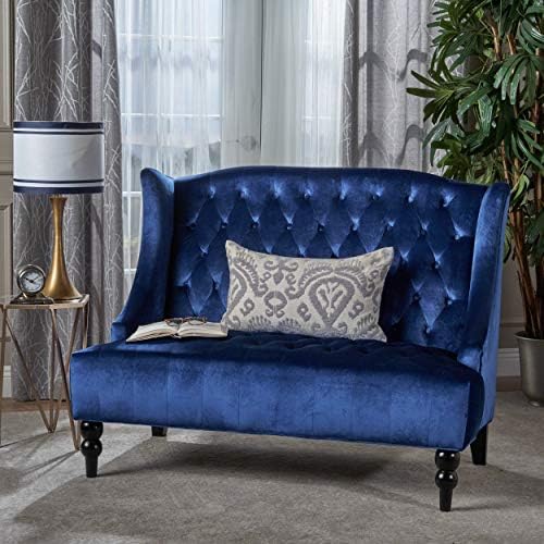 GDFStudio Modern Glam Tufted Velvet Wingback Loveseat, Navy Blue and Dark Brown