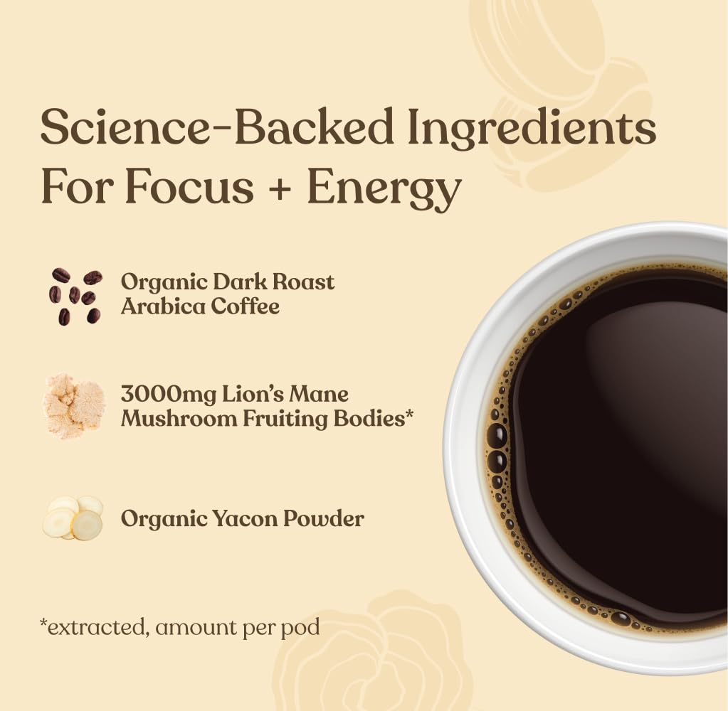 Four Sigmatic Mushroom Coffee K-Cups | Organic Dark Roast Coffee with Lion’s Mane Mushroom Powder & Yacon | Focus & Immune Support | Vegan & Keto