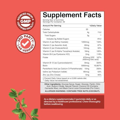 Natural Biotin Gummies for Hair Growth - Vitamins Skin and Nails Women Men with Pantothenic Acid - 60 Count