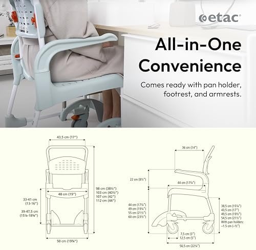 Etac Clean 24" Self-Propelled Shower Chair with Wheels - 21 3/4 Inch Fixed Height with 24 Inch Rear Wheels - Shower Wheelchair for Elderly and Disabled - Movable Armrest & Ergonomic Footrest