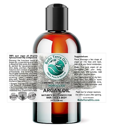 Bella Terra Oils - Argan Oil 2 oz - Cold-Pressed from Morocco, Rich in Vitamin E & Fatty Acids, Perfect Hair Oil Serum to Combat Frizz, Luxurious Face Oil
