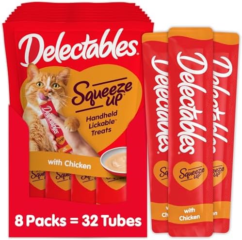 Delectables Squeeze Up Creamy Squeezable Puree, Lickable Wet Cat Treats, Grain Free, No Added Fillers, No By-Products, No Added Preservatives, 0.5 Ounces Tube Chicken Flavor, 32 Tubes Total